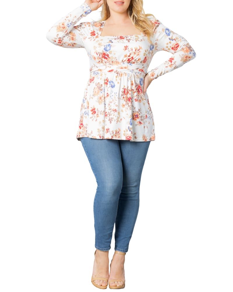 Front of a model wearing a size 3X Delilah Top in IVORY FLORAL PRINT by Kiyonna. | dia_product_style_image_id:285968